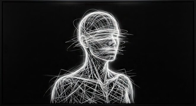 Abstract white line art illustration of a human upper body and blindfolded head composed of chaotic tangled strings against a solid black background