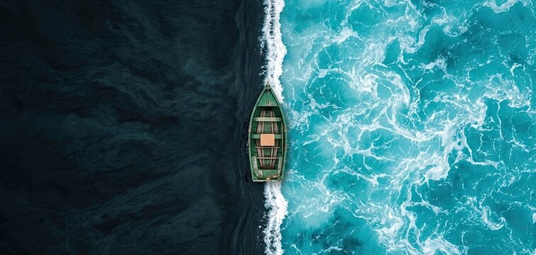 Aerial top-down view of a small green boat navigating a sharp boundary line between calm dark water and churning bright turquoise ocean waves