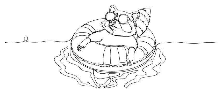 Raccoon wearing sunglasses floating on inflatable ring in water in continuous line art style