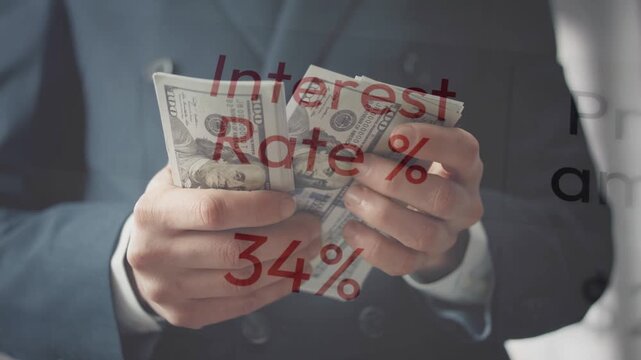 Close-up of a person holding cash with an interest rate and forty three percent digital overlay