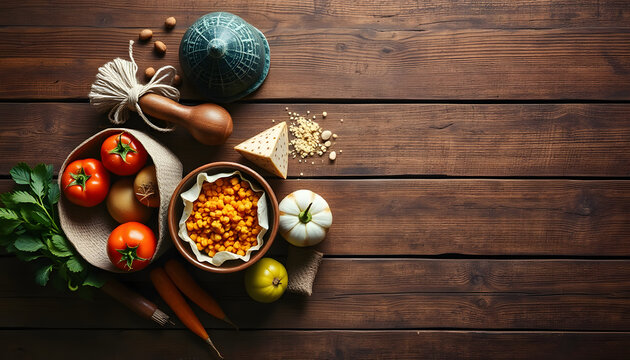 Natural local food products on vintage wooden table - rustic composition captured from above. Country lifestyle, rural vacation or agritourism concept. Background layout with free text space, studio