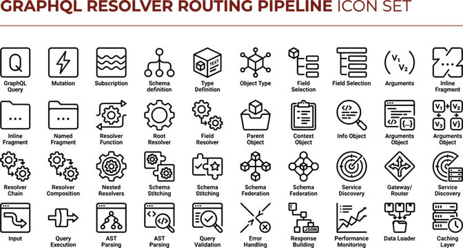 GraphQL Resolver Routing Pipeline Icon Set with Schema Query Processing and API Workflow Architecture Symbols