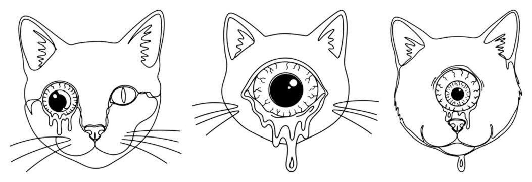 Surreal cat heads with melting eyes and cyclops features in minimalist line art style