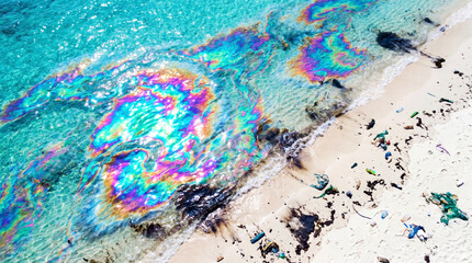 Fototapeta premium Toxic oil slick creates colorful patterns across polluted shoreline water and sand. 