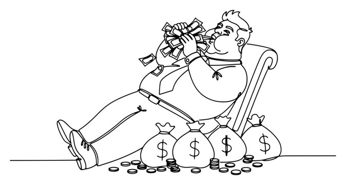 Greedy businessman sitting with money bags and stuffing banknotes into mouth in minimal continuous line art style