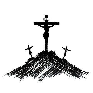 Expressive black ink drawing of the three crosses on calvary hill featuring a central crucifixion silhouette with inri inscription