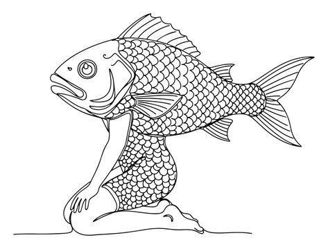Reverse mermaid with fish head on human body surreal creature line art