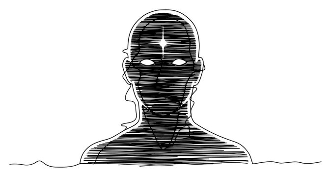 Human silhouette with scribble texture and light point on forehead conceptual line art