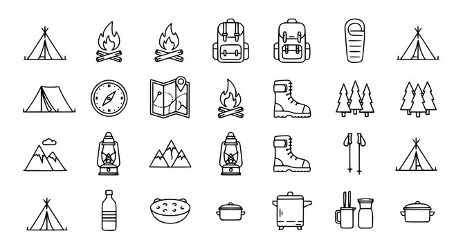 Camping Thin Line Icons Set with Tent Campfire Hiking and Outdoor Adventure Vector Symb
