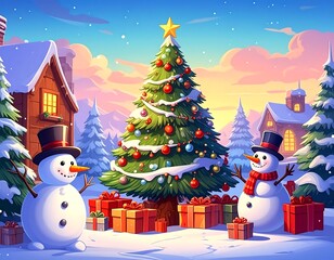 Obraz premium Festive snowy scene with snowmen and gifts