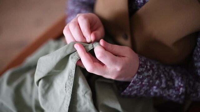 Close-up of hands unpicking stitches from green fabric with a seam ripper