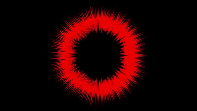 Abstract red spiky circular frame on black background. Sharp energetic radial burst element