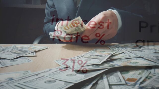 A businessman in a suit handles stacks of money with interest rate and forty three percent text.