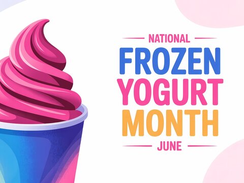 National frozen yogurt month june celebration banner with a swirl of pink yogurt in a colorful cup