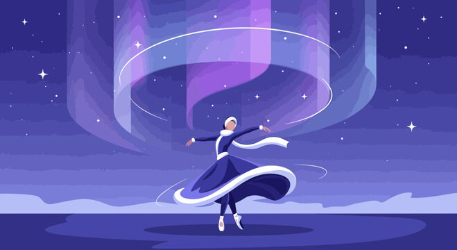 Mystical Dancer Amidst The Northern Lights And Stars