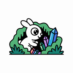 Fototapeta premium Cute white rabbit discovering colorful glowing crystals in a magical green forest cave