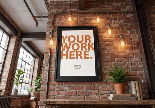 Vertical Black Photo Frame Mockup on the wall in loft interior