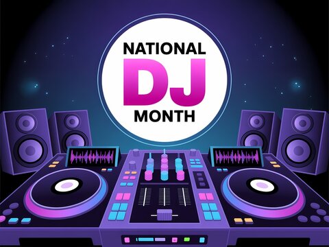 National dj month celebration banner with professional music mixing console and speakers