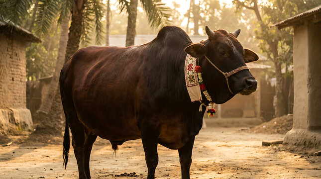 Brown bull with decorative collar
