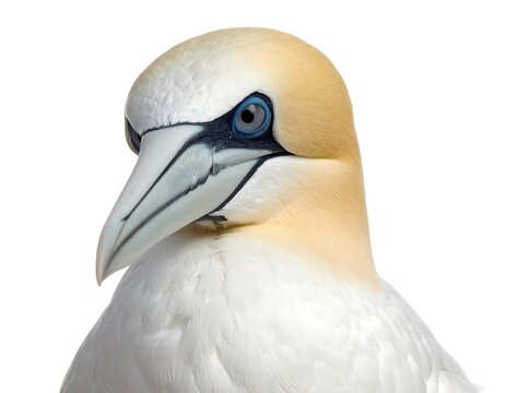 Close up of a northern gannet bird with white yellow and blue color scheme