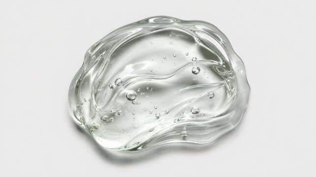Transparent gel serum swatch with hyaluronic acid bubbles and silky swirl texture isolated on light background for cosmetic product

