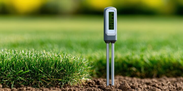 smart lawn care technology, a professional digital soil test probe inserted into the earth, displaying soil health metrics, with a beautiful residential lawn in the background