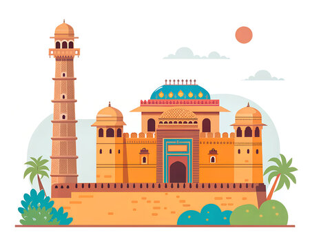 Flat colorful vector illustration of Chittorgarh Fort Rajasthan, minimalist architecture travel design, white background