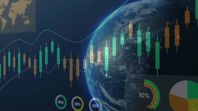 A global financial chart showing green and orange candlestick stock market graphs over planet Earth