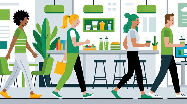 Corporate employees participating in wellness program with walking meetings and healthy lunch