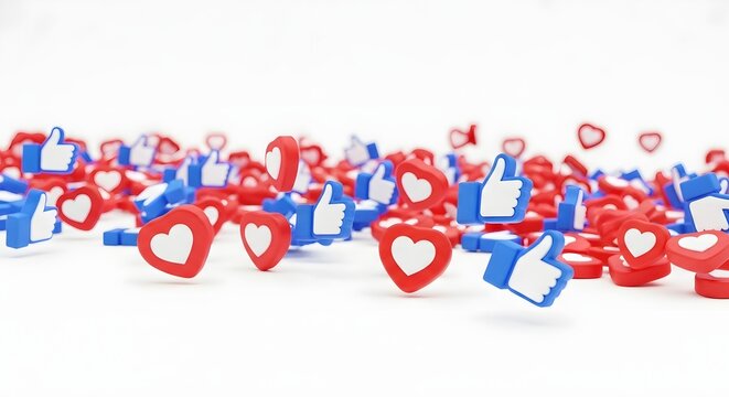 A large scattered pile of red heart icons and blue thumbs up social media like buttons