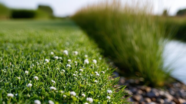 biophilic landscape design, an eco-friendly dutch landscape with a sustainable micro-clover and fine-grass lawn in the foreground, blending into native ornamental grasses ideal for eco-friendly