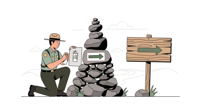 Park Ranger Creating Custom Trail Marker With Spray Paint And Rock Cairn