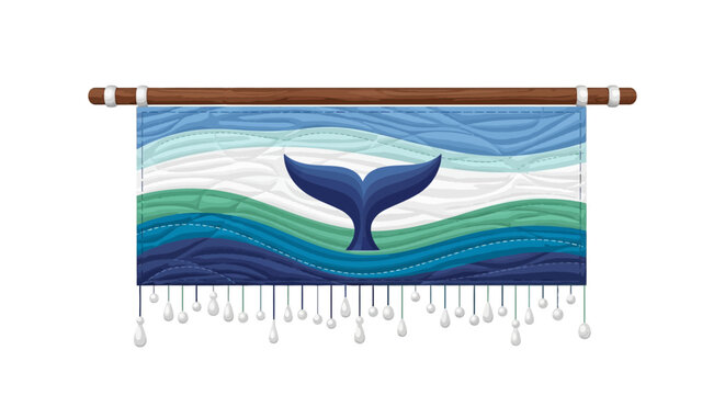 Whale tail quilt art with blue ocean design on wall hanging
