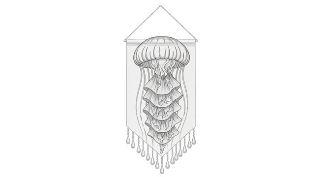 Monochrome jellyfish wall art with detailed ruffles and tentacles on hanging banner