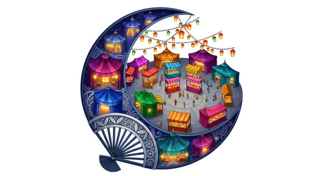 Colorful night market with lanterns in crescent moon shape
