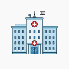 Obraz premium Illustration of a modern hospital building with red cross symbols and a flag