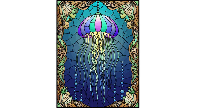 Vibrant stained glass jellyfish with oceanic border