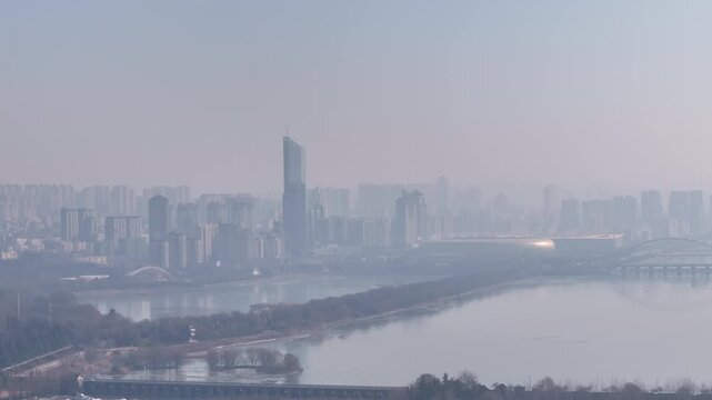 Hazy Winter Skyline over Xuanwu Lake in Nanjing, China in Xuanwu Lake, Nanjing, China