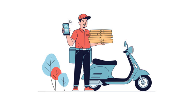 Cheerful delivery man standing next to blue scooter showing mobile app on phone and holding a large stack of pizza boxes.