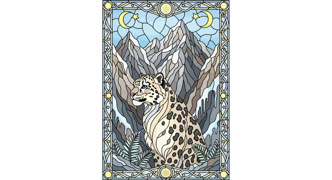 Stained glass style snow leopard with mountain background