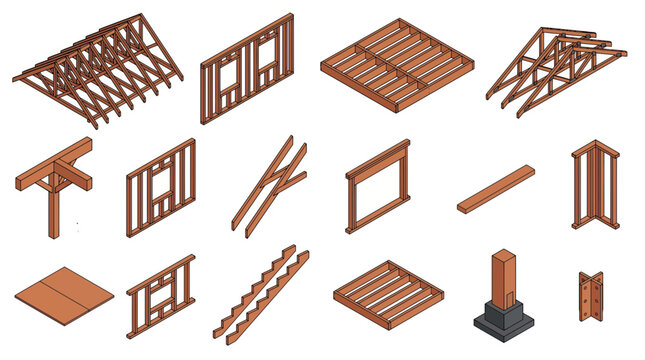 Isometric collection of wooden house framing components including roof trusses wall studs and floor joists on white background, illustrating architectural construction and building design