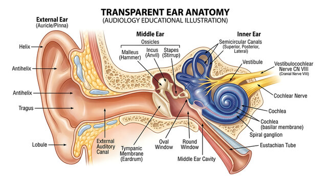 Transparent human ear anatomy with inner and outer structures and detailed