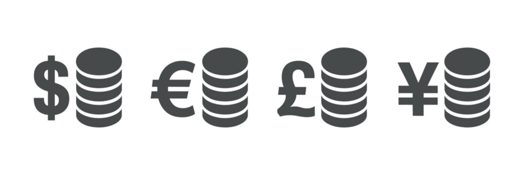 Currency symbol icons featuring stacked coin illustrations dollar euro pound and yen