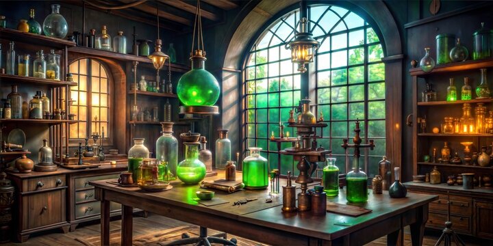 Atmospheric alchemist's laboratory filled with glowing green potions, antique bottles, and mystical apparatus bathed in window light