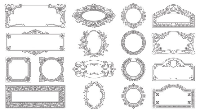 Collection of vintage ornate frames and decorative borders with floral and classical baroque line art elements on a white background, symbolizing elegant branding and luxury invitations