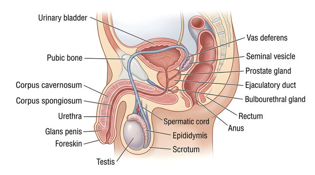 Male reproductive system sagittal view diagram with labeled internal organs