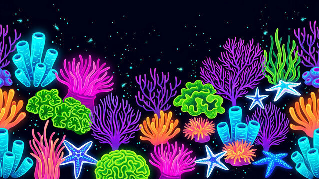 Neon bioluminescent coral reef illustration with glowing electric cyan anemones magenta tentacles lime green brain coral violet sea fans on deep black ocean background