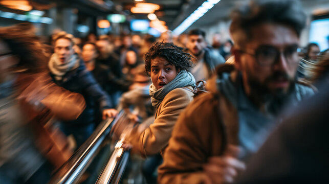 Panicked crowd in a subway station during sudden emergency with motion blur and dramatic documentary lighting