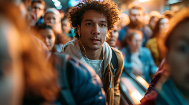 Panicked crowd inside subway station during emergency, dramatic lighting and motion blur, realistic documentary photojournalism