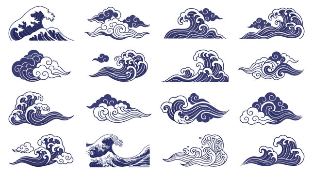 Collection of traditional blue Japanese waves and clouds illustrations in ukiyo-e woodblock style on white background, symbolizing oriental heritage and illustrating coastal nature theme design